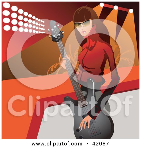 Clipart Illustration of a Beautiful Brunette Guitarists Standing Near A Stage by L2studio