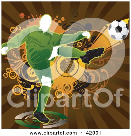 Clipart Illustration of a Soccer Player Kicking A Ball With Extreme Force by L2studio