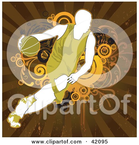 Clipart Illustration of a Green And White Basketball Player Running With A Ball by L2studio