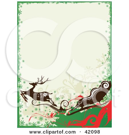 Clipart Illustration of a Green, Red And White Reindeer And Santa's Sleigh Christmas Background by L2studio
