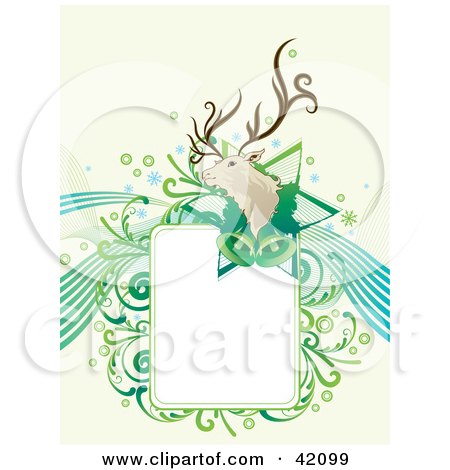 Clipart Illustration of a Green And Blue Christmas Background Of A Reindeer Or Buck Head On A Star With Bells And A Text Box by L2studio