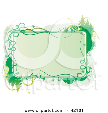 Clipart Illustration of a Green Christmas Text Box Bordered In Gray And Green Grungy Trees And Snowflakes by L2studio