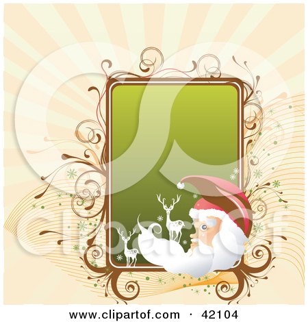 Clipart Illustration of a Christmas Background Of Santa And Reindeer With A Green Text Box by L2studio