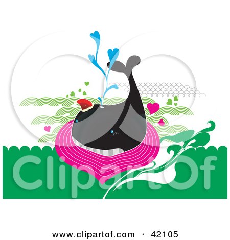 Clipart Illustration of a Black Whale Swimming In Pink And Green Water With Hearts by L2studio