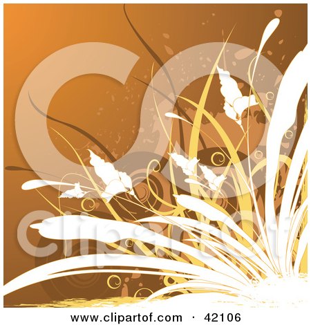 Clipart Illustration of a Grunge Floral Background Of White And Brown Vines And Grasses On Orange by L2studio