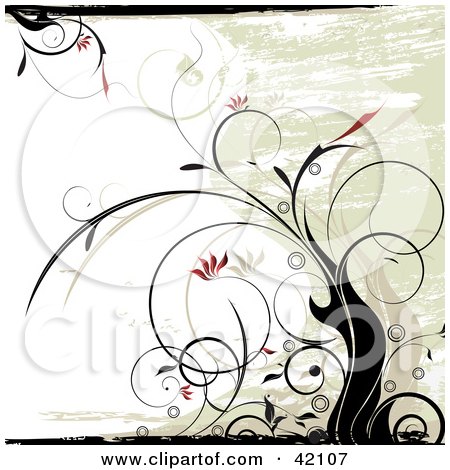 Clipart Illustration of a Grunge Floral Background Of Black Vines With Red Flowers On White And Beige by L2studio