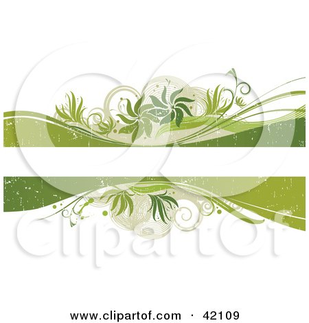 Clipart Illustration of a Grunge Text Box Bordered With Green And Beige Waves, Plants And Tendrils On White by L2studio