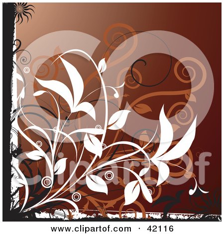 Clipart Illustration of a Grunge Floral Background Of Orange And White Vines On Brown by L2studio
