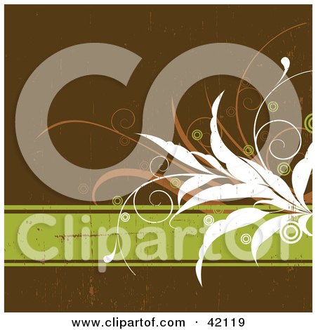 Clipart Illustration of a Grunge Floral Background Of White And Orange Plants On A Green Text Box Over Brown by L2studio