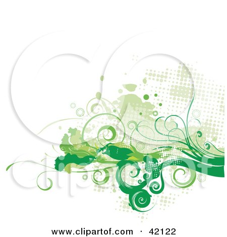 Clipart Illustration of a Green Floral Grunge Background With Curly Vines And Spots On White by L2studio