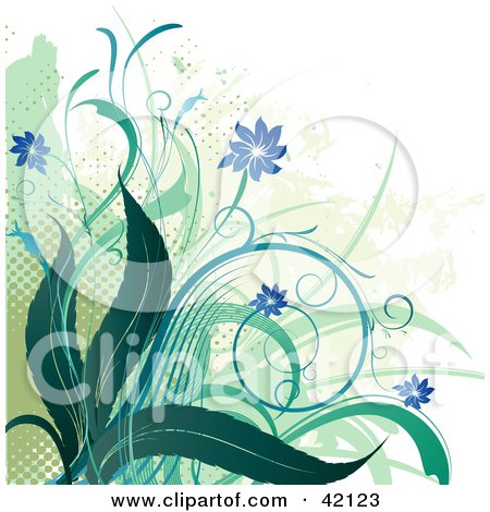 Clipart Illustration of a Background Of Grungy Green And Blue Flowers And Dots On White by L2studio