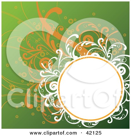 Clipart Illustration of a Grunge Oval Text Box Bordered In White And Orange Vines On Green by L2studio