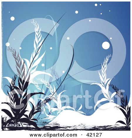 Clipart Illustration of a Grunge Floral Background Of Black And White Plants On Blue With Snow by L2studio