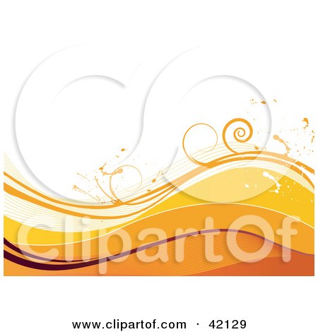 Clipart Illustration of a Grunge Floral Background Of Waves Of Orange And Brown And Vines On White by L2studio