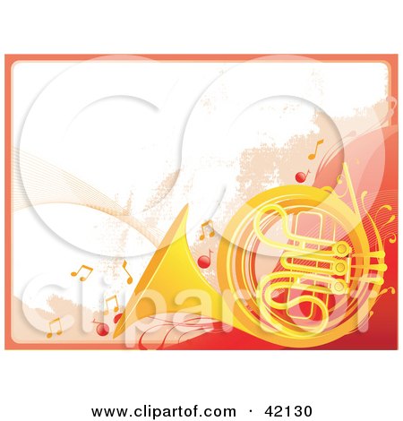 Clipart Illustration of a Grunge French Horn Background With Music Notes And A Red Border by L2studio