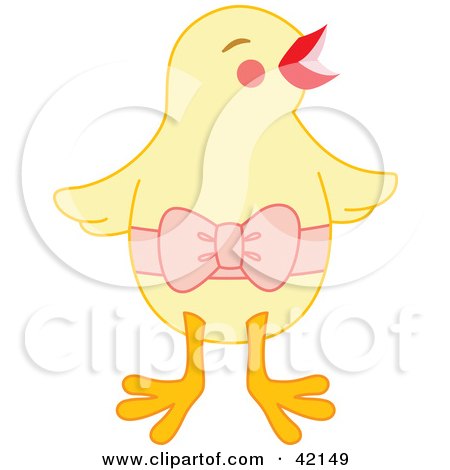 Clipart Illustration of a Happy Yellow Chick Wearing A Pink Bow by Cherie Reve