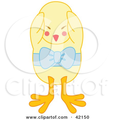 Clipart Illustration of a Shy Yellow Chick Wearing A Blue Bow by Cherie Reve