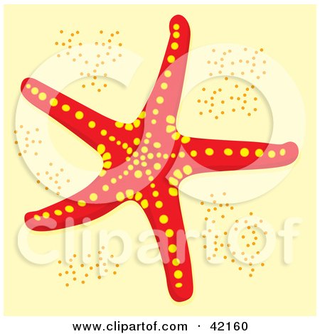 Clipart Illustration of a Red And Yellow Starfish On A Beige Sand Background by Cherie Reve