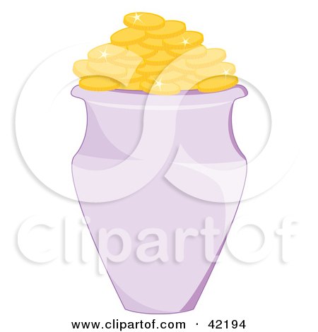 Clipart Illustration of a Purple Vase Full Of Golden Sparkly Coins by Cherie Reve