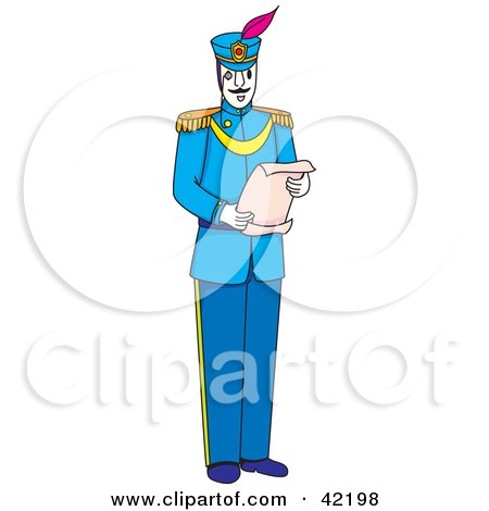 Clipart Illustration of a Male Soldier In Blue, Reading A Scroll by Cherie Reve