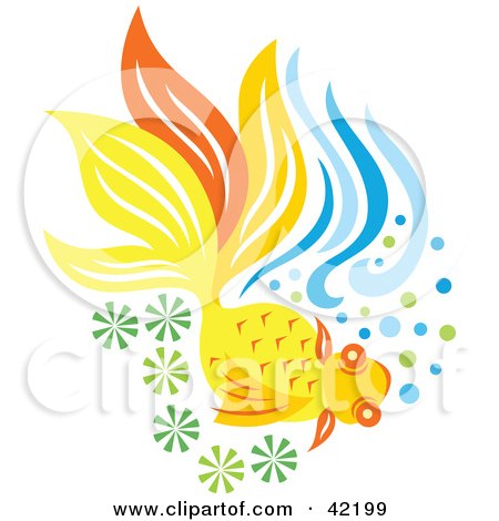 Clipart Illustration of a Yellow And Orange Fish In Green And Blue Water by Cherie Reve