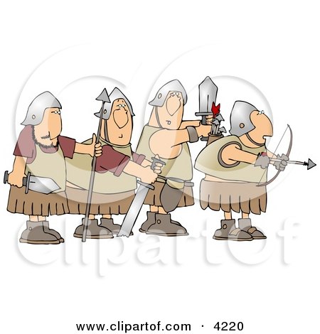 Four Roman Soldier Armed with Weapons and Ready for Battle Clipart by djart