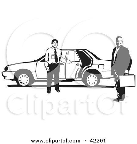Clipart Illustration of a Friendly Taxi Driver Holding The Door Open For A Businessman by David Rey