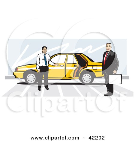 Clipart Illustration of a Taxi Driver By His Yellow Car, Holding The Door Open For A Businessman by David Rey