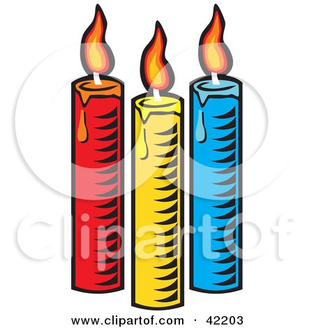 Clipart Illustration of Three Colorful Burning And Melting Candles by David Rey
