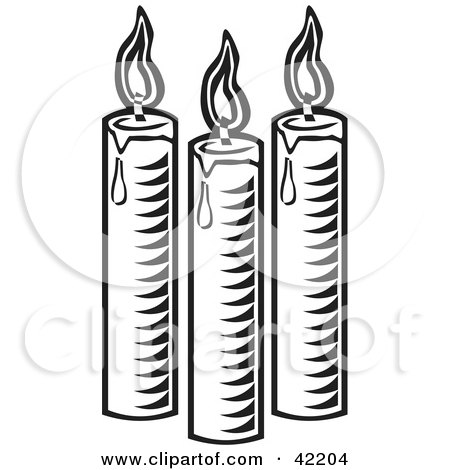 Clipart Illustration of Three Black And White Burning And Melting Candles by David Rey