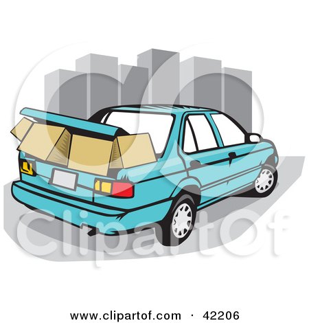 Clipart Illustration of a Blue Car With Moving Boxes Packed In The Trunk, Near City Skyscrapers by David Rey