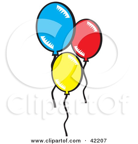 Clipart Illustration of Three Blue, Yellow And Red Floating Party Balloons by David Rey
