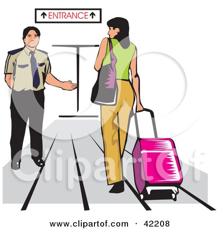 Clipart Illustration of a Male Airport Attendant Directing A Woman To An Entrance by David Rey