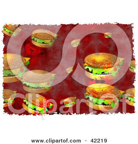 Clipart Illustration of a Background Of Grungy Cheeseburgers On Red by Prawny