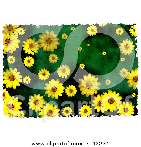 Clipart Illustration of a Background Of Grungy Yellow Daisies On Green by Prawny