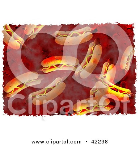 Clipart Illustration of a Background Of Grungy Hot Dogs On Red by Prawny