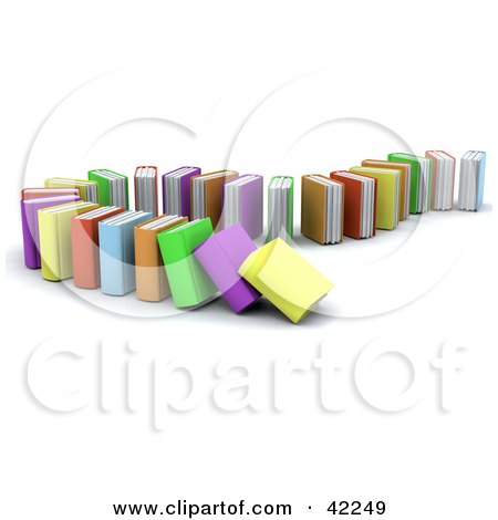 Clipart Illustration of a Standing Row Of Colorful Books Collapsing by KJ Pargeter