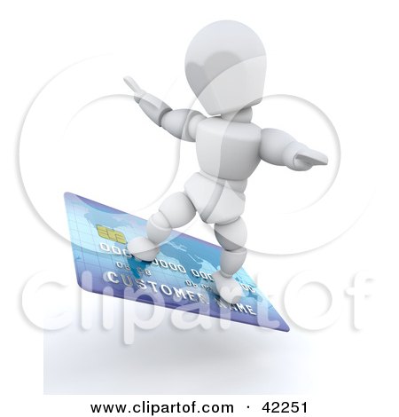 Clipart Illustration of a 3d White Character Surfing On A Blue Credit Card by KJ Pargeter