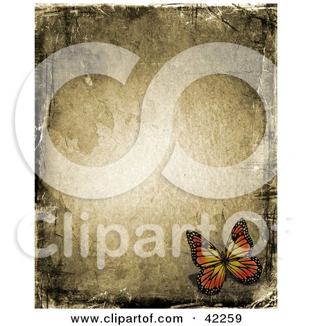 Clipart Illustration of a Pretty Butterfly In The Corner Of A Brown Grunge Background by KJ Pargeter