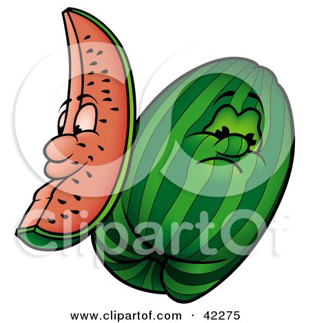 Clipart Illustration of a Happy Slice By A Whole Grumpy Watermelon by dero