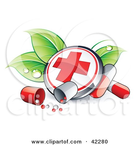 Clipart Illustration of a First Aid Button On Dewy Leaves With Pills by beboy