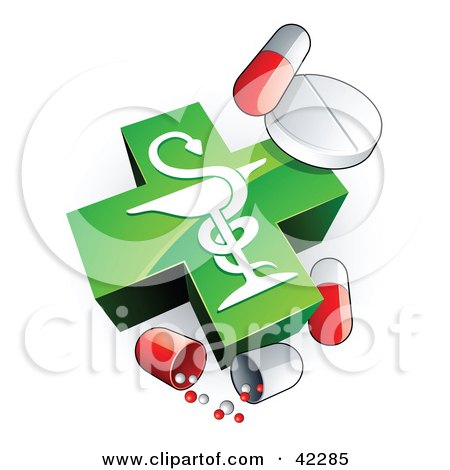 Clipart Illustration of a Green Caduceus With Vitamins And Pill Capsules by beboy