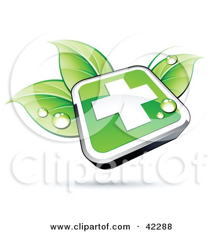 Clipart Illustration of a Green Shiny Square First Aid Cross Button On Dewy Leaves by beboy