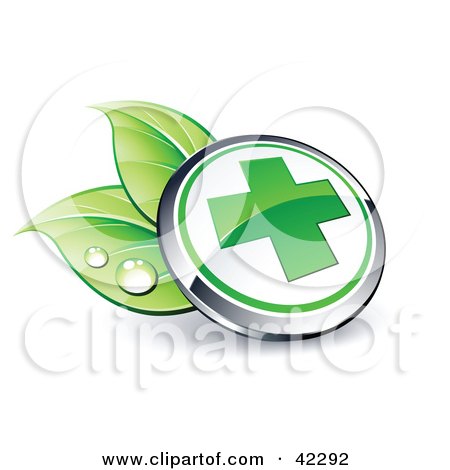 Clipart Illustration of a Green Round First Aid Cross Button On Dewy Leaves by beboy