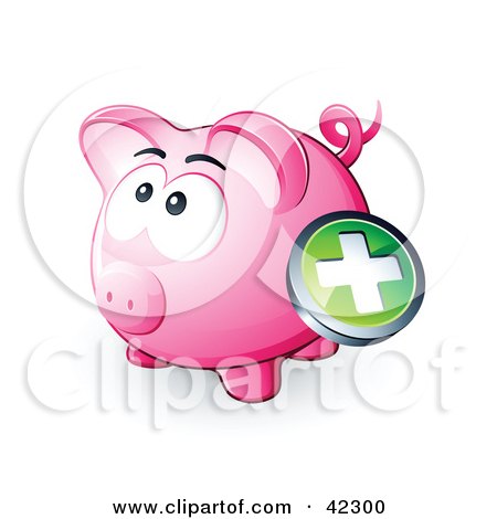 Clipart Illustration of a Green Plus Button Over A Pink Piggy Bank by beboy