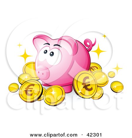 Clipart Illustration of a Pink Piggy Bank Surrounded By Sparkly Euro Coins by beboy