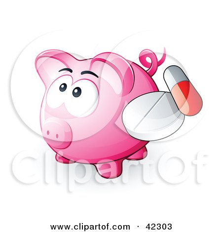 Clipart Illustration of a Pink Piggy Bank With A Pill And Capsule by beboy
