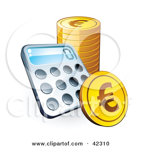 Clipart Illustration of a Calculator Resting Against A Stack Of Euro Coins by beboy
