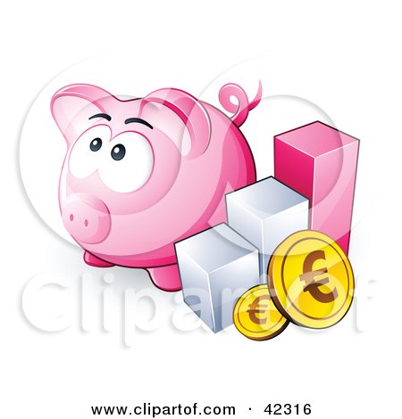 Clipart Illustration of a Bar Graph And Euro Cons By A Pink Piggy Bank by beboy