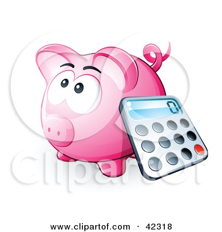 Clipart Illustration of a Calculator Resting Against A Pink Piggy Bank by beboy